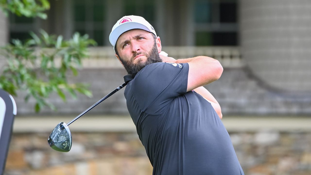 Legion XIII GC&#039;s Jon Rahm watches his shot from the fourth tee during the final round of LIV Golf Greenbrier tournament at The Greenbrier Resort on August 18, 2024, in White Sulphur Springs, WV.