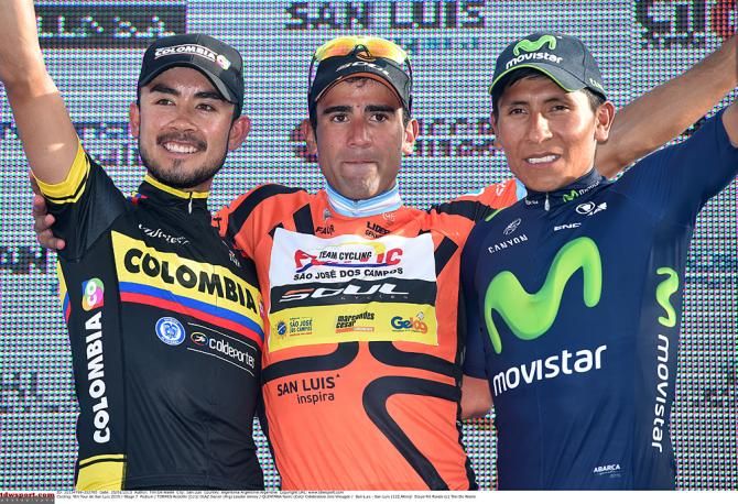 Final overall podium (l-r): Rodolfo Torres (Colombia), Dani D&iacute;az (Funvic- S&atilde;o Jos&eacute; dos Campos), Nairo Quintana (Movistar)