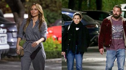 Jennifer Lopez walking in a jumpsuit and a photo of Ben Affleck and Jennifer Garner bundled up in coats in a parking lot