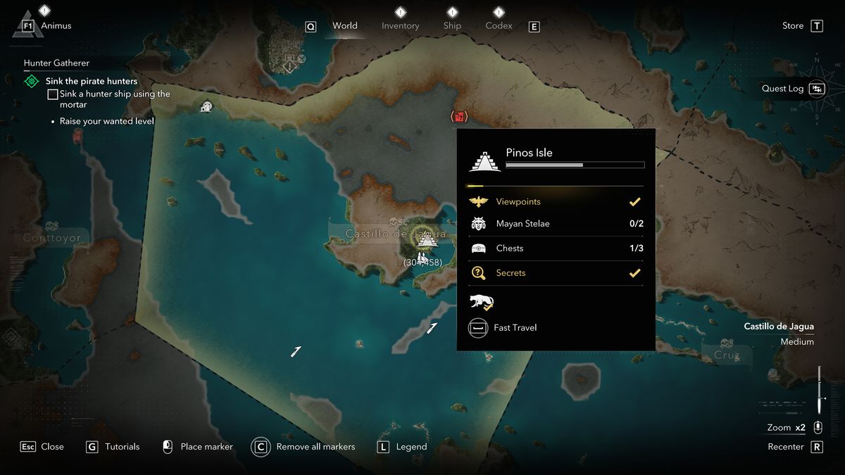 Black Flag Mayan stones: A map showing the location of a Mayan stone/stele on Pinos Isle, Castilla de Jagua.