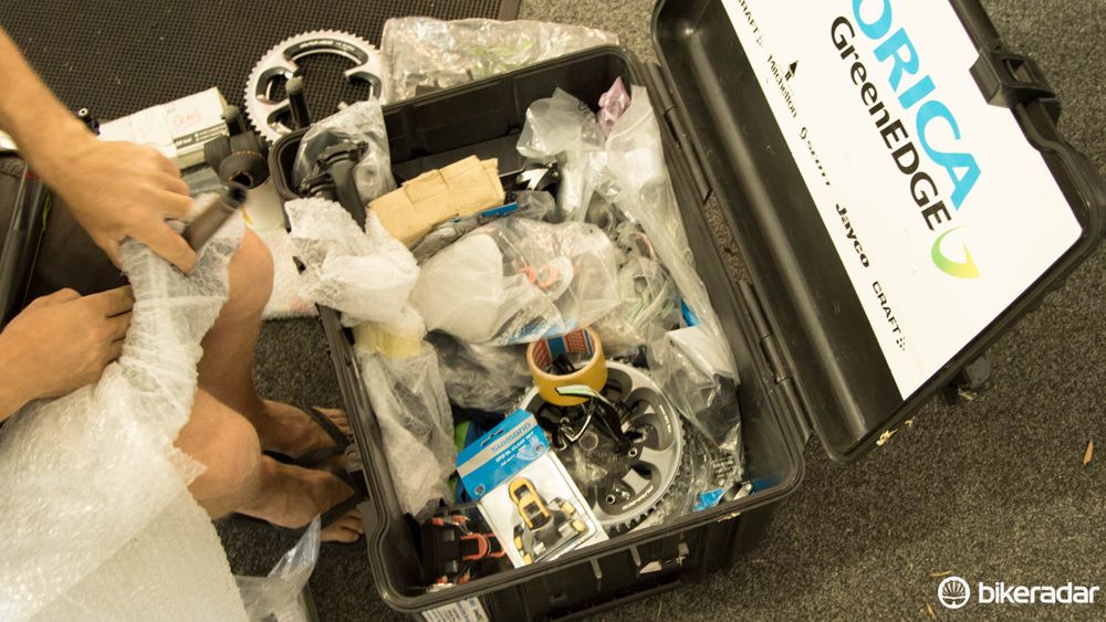 Craig from Orica-GreenEdge showed us the team's 'Aussie travel spares box'. "Just about everything except a frame is in here as spares," he said