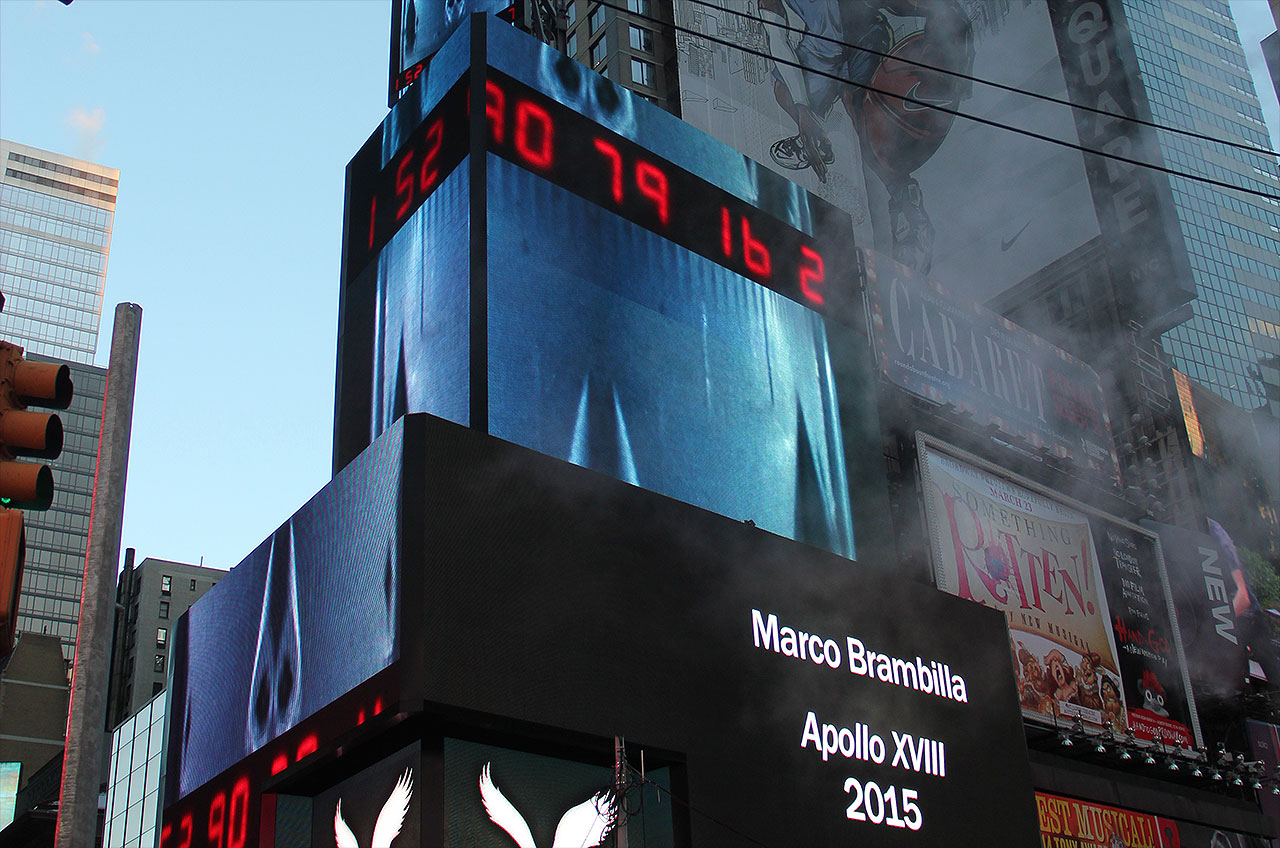 Video artist Marco Brambilla&#039;s &quot;Apollo XVIII&quot; will count down to a Saturn V launch every night in March in Times Square. 