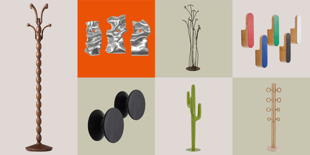 seven pink and green product boxes that all have a different coat rack in it.