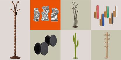 seven pink and green product boxes that all have a different coat rack in it.