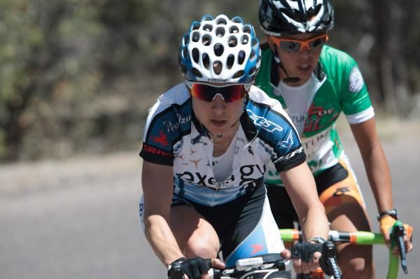 Andrea Dvorak (Exergy) launches an attack early on the climb.