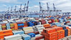 Containers parked at Yantai Port International Container Terminal in Yantai City, Shandong Province, China