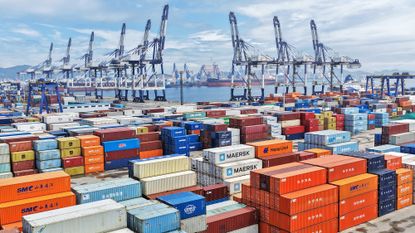 Containers parked at Yantai Port International Container Terminal in Yantai City, Shandong Province, China