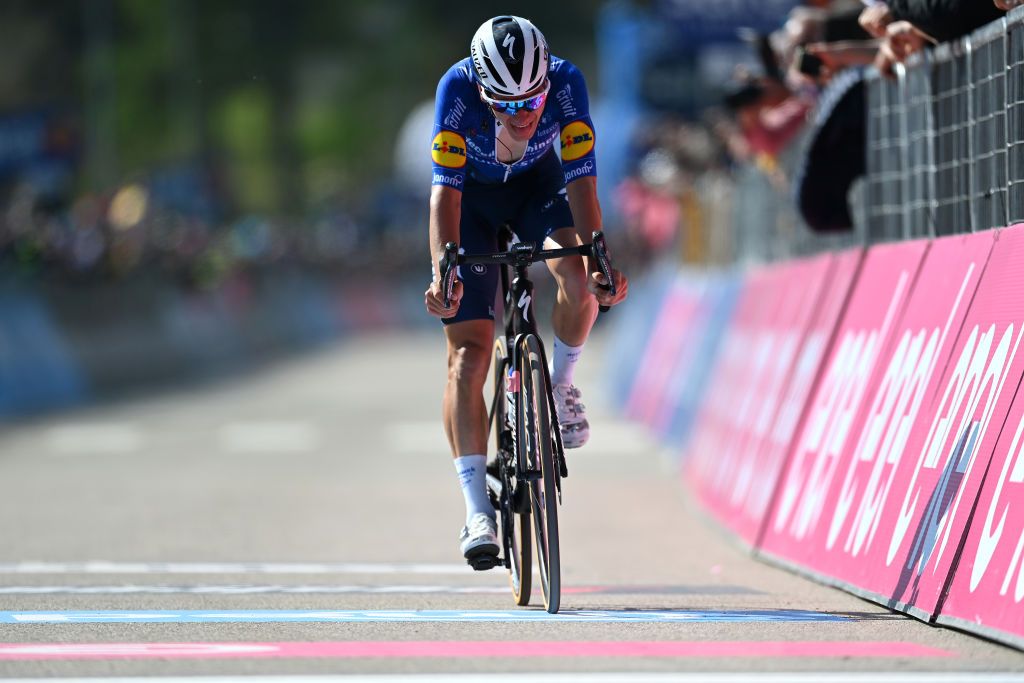 SEGA DI ALA ITALY MAY 26 Joao Almeida of Portugal and Team Deceuninck QuickStep at arrival during the 104th Giro dItalia 2021 Stage 17 a 193km stage from Canazei to Sega di Ala 1246m UCIworldtour girodiitalia Giro on May 26 2021 in Sega di Ala Italy Photo by Stuart FranklinGetty Images
