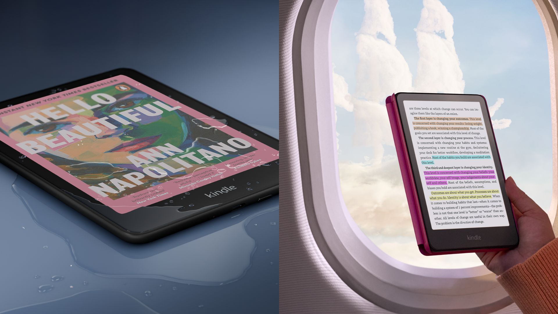 Kindle Colorsoft with water on it (left) and by a plane window (right)