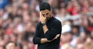 Arsenal manager Mikel Arteta looks dejected during the Premier League match between Arsenal and Norwich City at Emirates Stadium on September 11, 2021 in London, England.