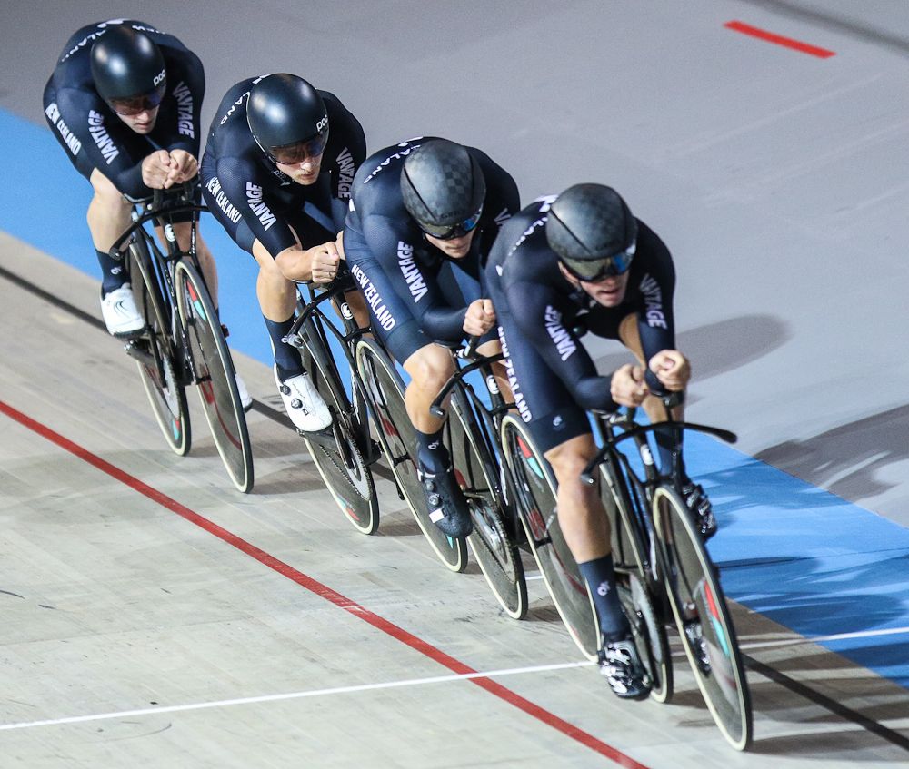 Campbell Stewart,Regan Gough,Dylan Kennett,Nicholas Kergozou (NZL) of Men`s team Pursuit squad take part in the qualifying round of the UCI Track Cycling World Championships