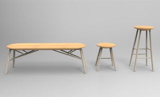 Wooden bench and two stools