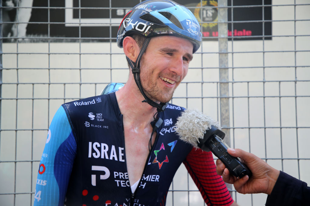 VAL DI ZOLDO PALAFAVERA ITALY MAY 25 Derek Gee of Canada and Team Israel Premier Tech attends an interview during the 106th Giro dItalia 2023 Stage 18 a 161km stage from Oderzo to Val di Zoldo Palafavera on May 25 2023 in Val di Zoldo Palafavera Italy Photo by Sara CavalliniGetty Images