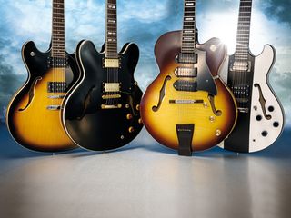 From L-R: Washburn HB30, Vintage VSA555, Peerless Wizard and Adam Black HS Centre (First Act CE530 Delia not pictured)