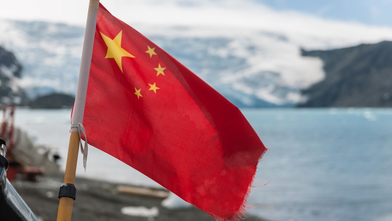 A Chinese flag over King George Island, Antarctica, 2019