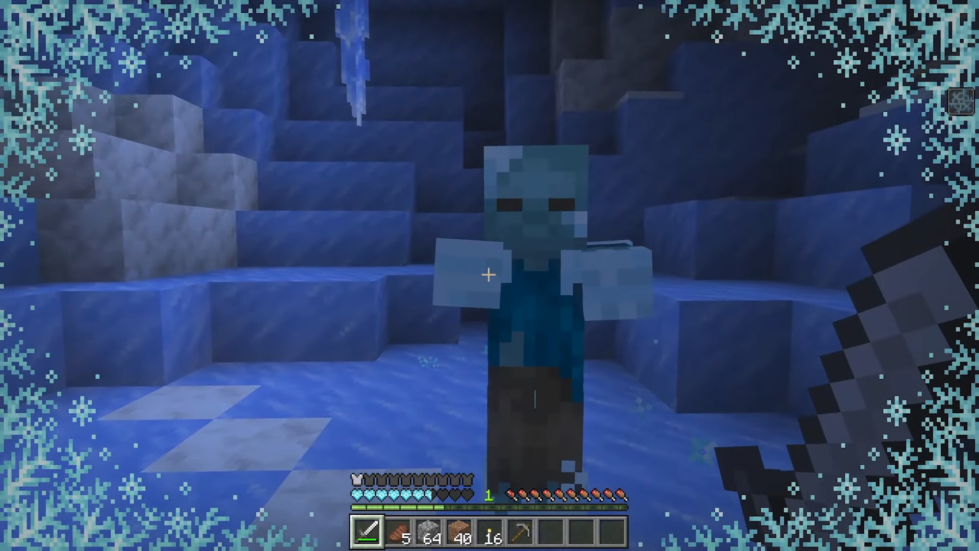 A Minecraft stray mob stands in a blue ice cavern, framed by a decorative snowflake border, with a player's inventory bar visible at the bottom.