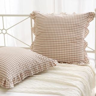 2 Pack Taupe White Plaid Ruffle Euro Pillow Shams