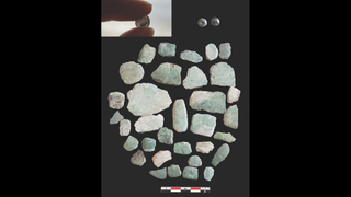 Dozens of jade pieces that would've once been a Maya mask.