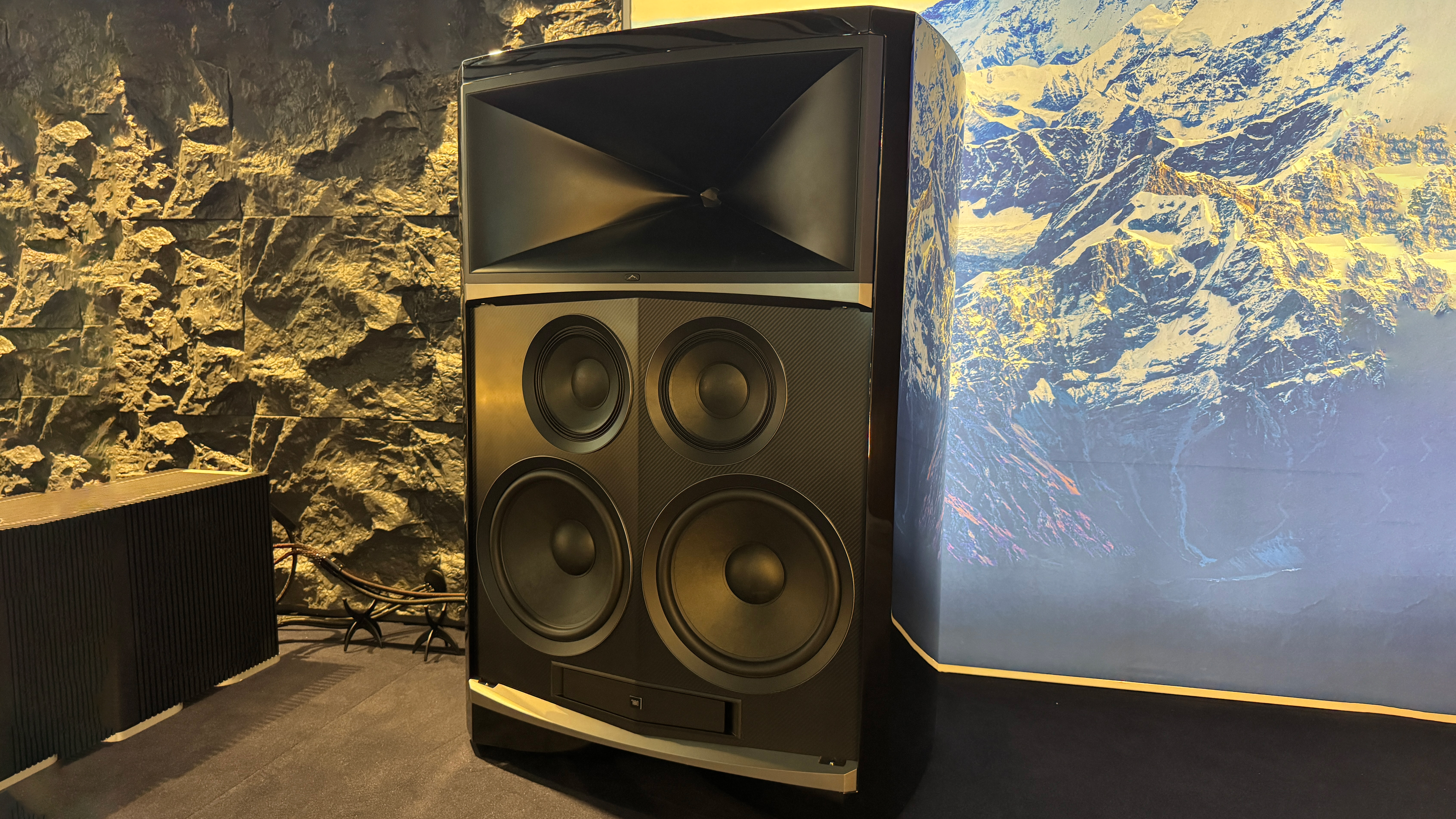 The JBL Summit Everest speaker showing its size and speaker drivers in full detail