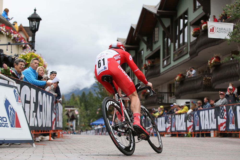 A rider makes his way through Vail Village during the USA Pro Challenge
