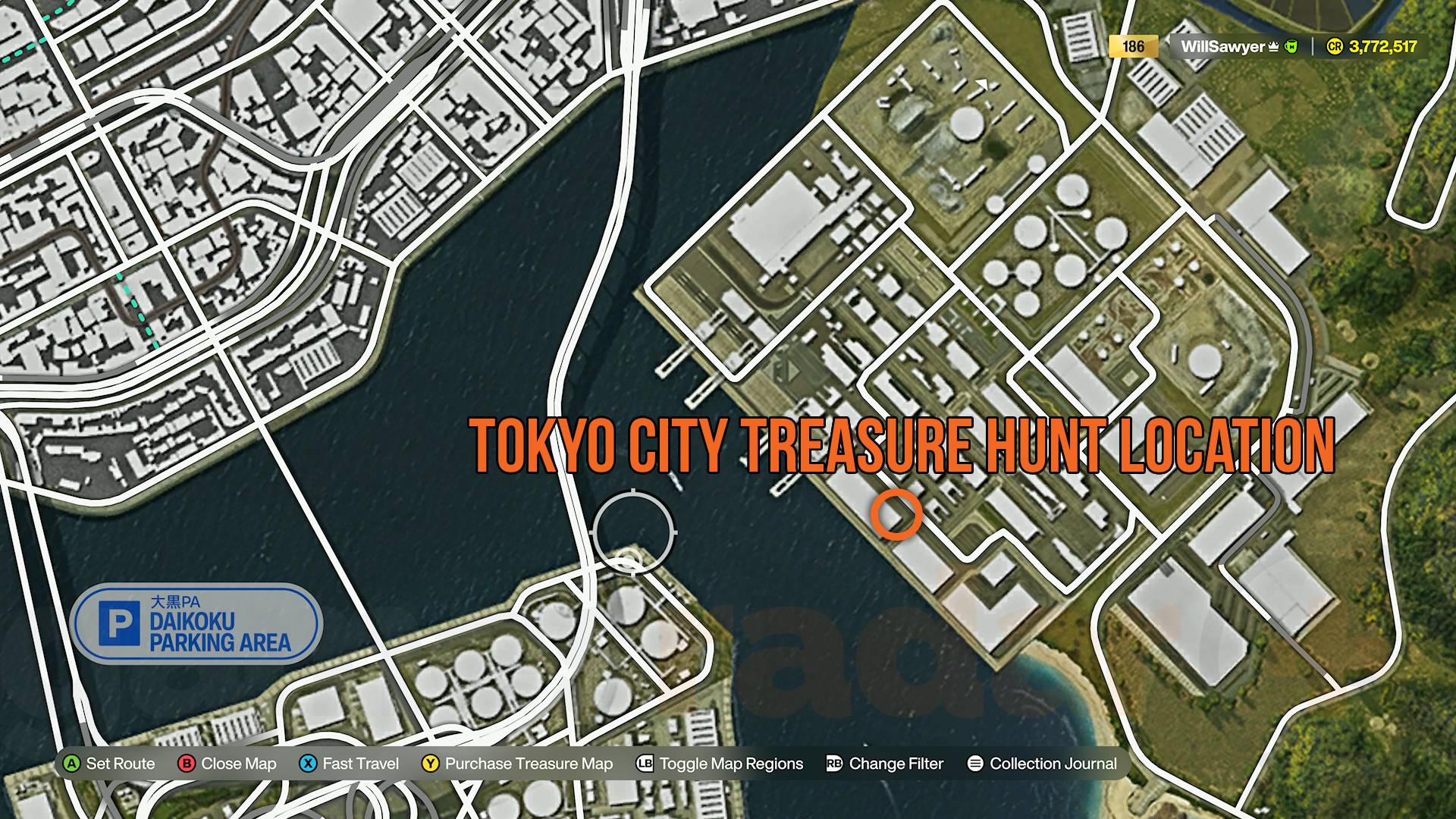 Forza Horizon 6 Tokyo City port treasure hunt map showing chest location