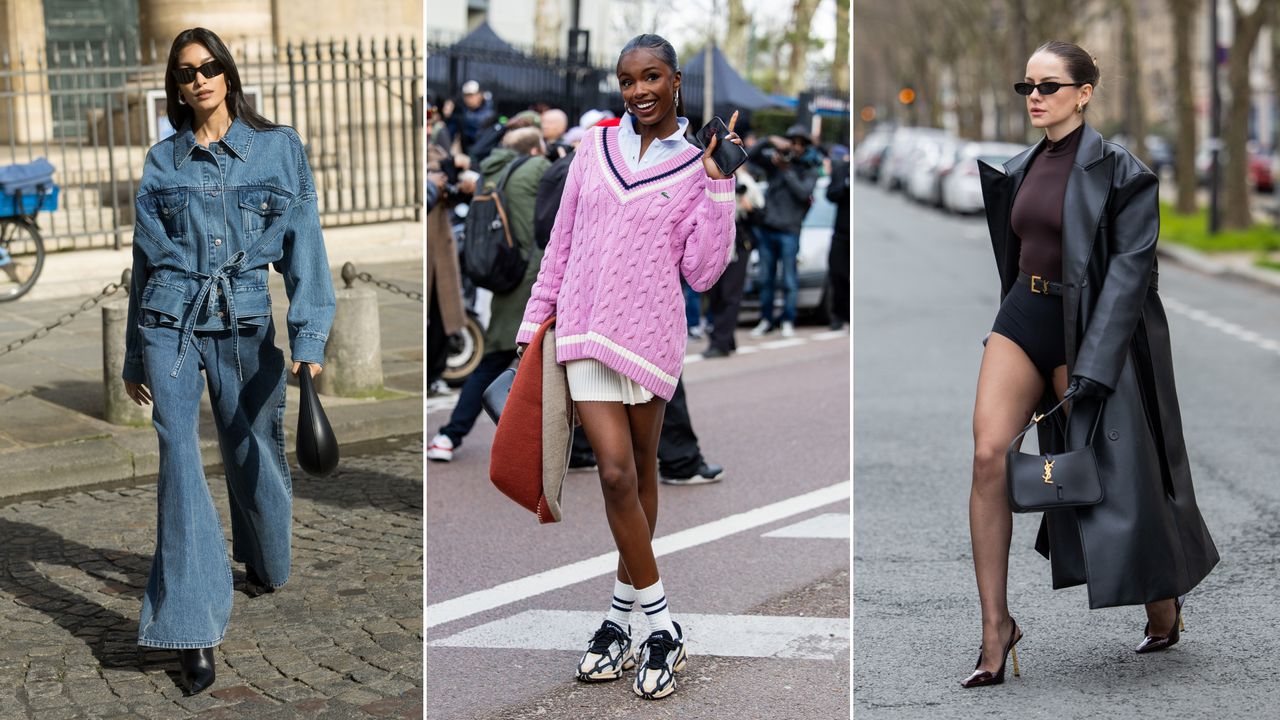 paris fashion week street style collage of three women outside the shows