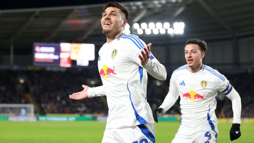 Joel Piroe and Ethan Ampadu of Leeds United celebrate a goal during a Championship game