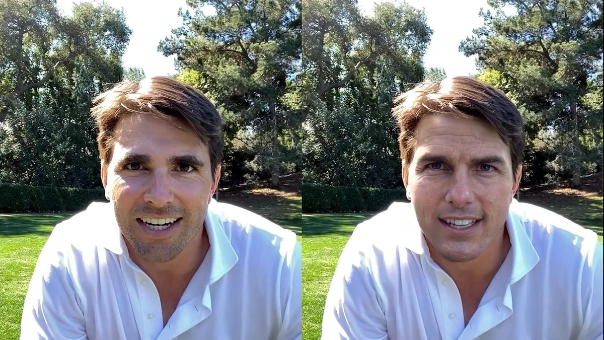 Side-by-side comparison between actor Miles Fisher and a virtual Tom Cruise