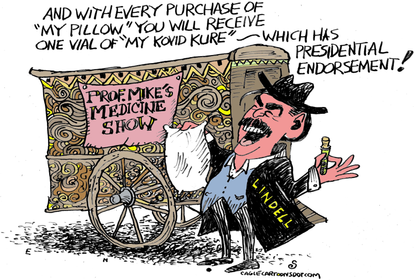 Editorial Cartoon U.S. Mike Lindell MyPillow snake oil covid