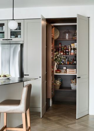 Sage green kitchen with concealed pantry