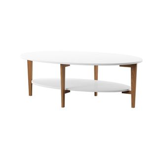 coffee table with oval shape, white top and shelf and wooden legs