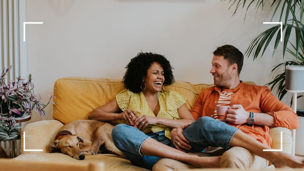 Couple sat together on a colorful coach in a living room surrounded by houseplants, woman&#039;s legs over the man, with family dog sitting next to them, representing how to revive romance in a relationship