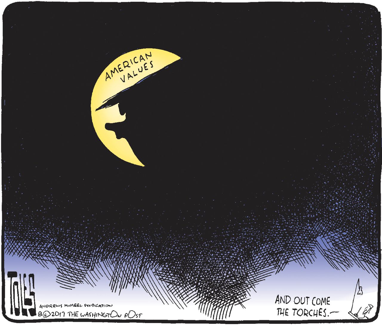 Political cartoon U.S. Trump bigotry racism eclipse American values