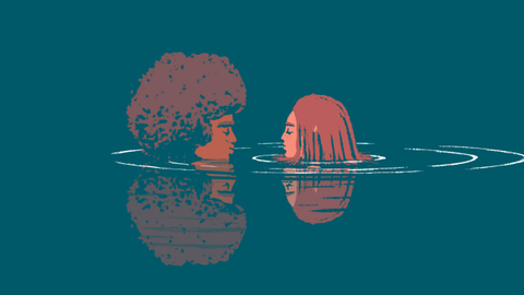 The protagonist swimming with a woman