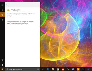 Cortana's Notebook telling users that package tracking is no longer an option.