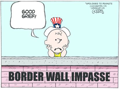 Political cartoon U.S. Trump wall government shutdown Charlie Brown Peanuts