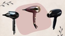Collage of three of the best hair dryers for fine hair from (left to right) Revamp Professional, ghd and Panasonic, on a pink abstract shape and beige background with two leaf illustrations