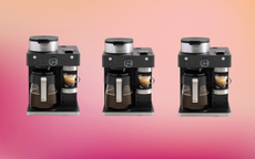 A pink gradient background with three identical coffee machines in a row