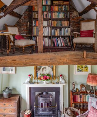 mezzanine above living room in beamed Tudor house