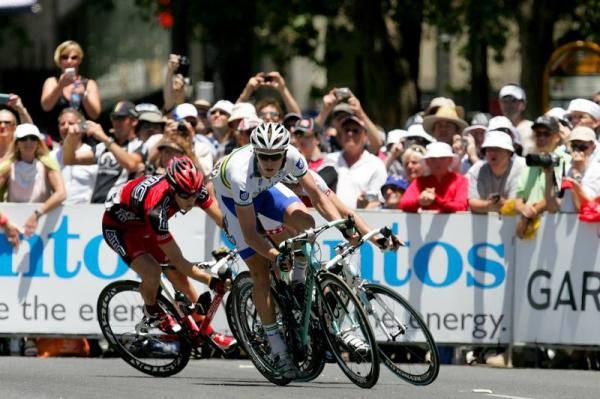 Rohan Dennis (Uni-SA) leads a break around the top corner.