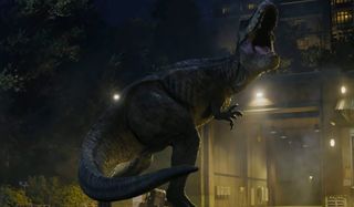 Roberta the tyrannosaurus rex roars at Lockwood Manor in Jurassic World: Fallen Kingdom.
