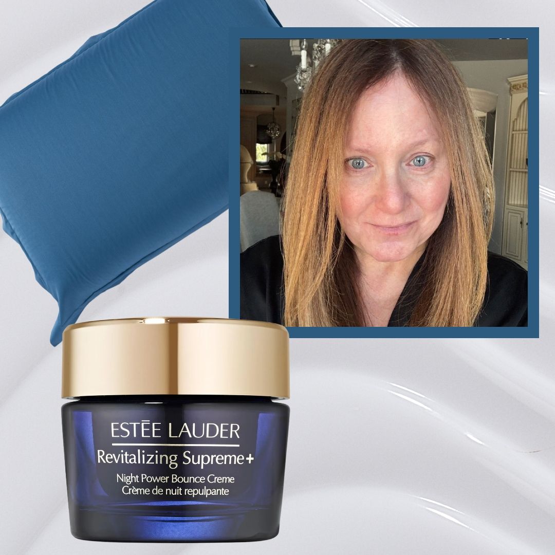 women with mature skin next to a night cream and a pillow