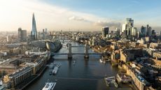 Aerial view of river thames in London with Tower bridge, the shard and other famous landmarks in view