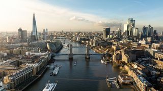 Aerial view of river thames in London with Tower bridge, the shard and other famous landmarks in view