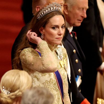 WINDSOR, ENGLAND - SEPTEMBER 17: Britain's King Charles, U.S. President Donald Trump and Britain's Catherine, Princess of Wales take their seats during a State Banquet at Windsor Castle for the State visit by the President of the United States of America on September 17, 2025 in Windsor, England. President Trump is in England from Sept. 16-18 on his second UK state visit, with the previous one taking place in 2019 during his first presidential term. (Photo by Phil Noble - WPA Pool/Getty Images)