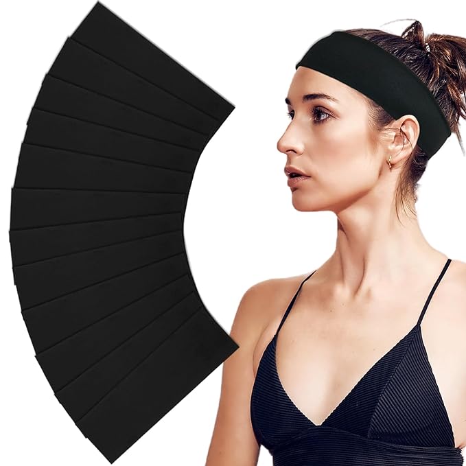 Sefiinh Headbands for Women 12 Pack Sweat Headband Yoga Elastic Black Head Bands Women’s Hair Band Workout Hairbands Girls Accessories