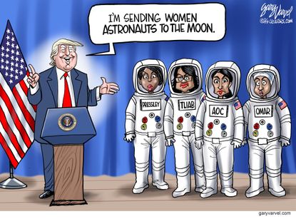 Political Cartoon U.S. Trump Women Astronauts Moon AOC Oman Pressley Tlaib