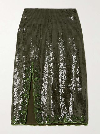 Olivine Scalloped Embellished Crepe Midi Skirt