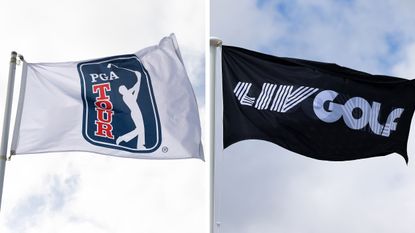 A PGA Tour flag and a LIV Golf flag blowing in the wind