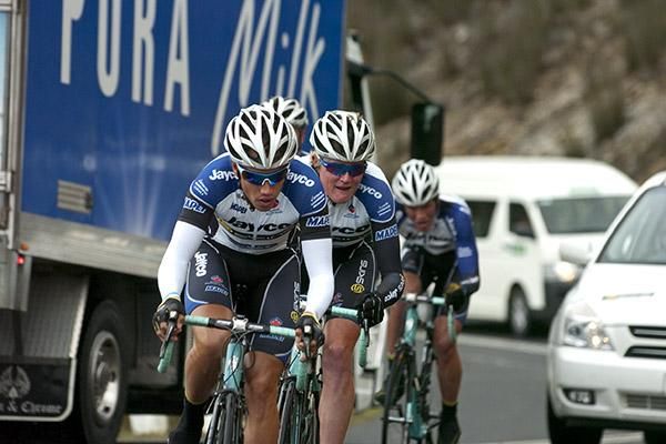 Richard Lang leads his Jayco/Skins teammates up the mountain on stage three.